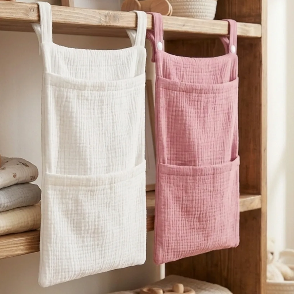 Picture 5: Baby Bed Head Hanging Bag Double Layer Crinkled Fabric Baby Toy Diaper Storage Bag Multifunctional Child Storage Bag