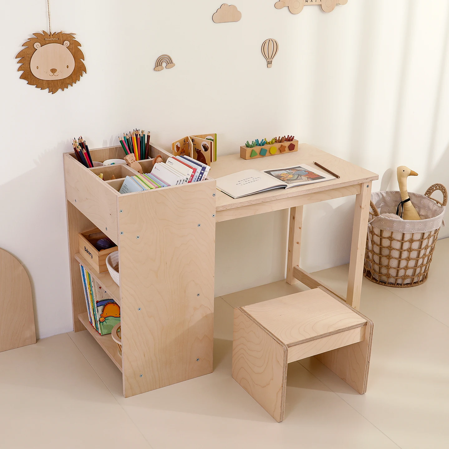 Children Desk And Chair Set Birch Plywood Montessori Study Desk With Storage Shelf U Shape Stool For Classroom Kindergarten