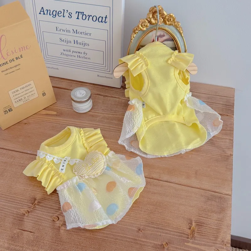 

Yellow Dog Clothes Teddy Love Bubble Dress Pet Bichon Frise Summer Dress Maltese Breathable Halter Dog Products