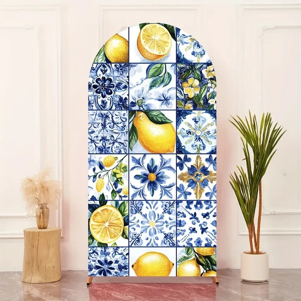 VIKAMA Toile de fond en tissu Spandex à motif floral citron d'été et motif carreaux, pour arche, décoration de photomaton de fête, anniversaire et douche nuptiale