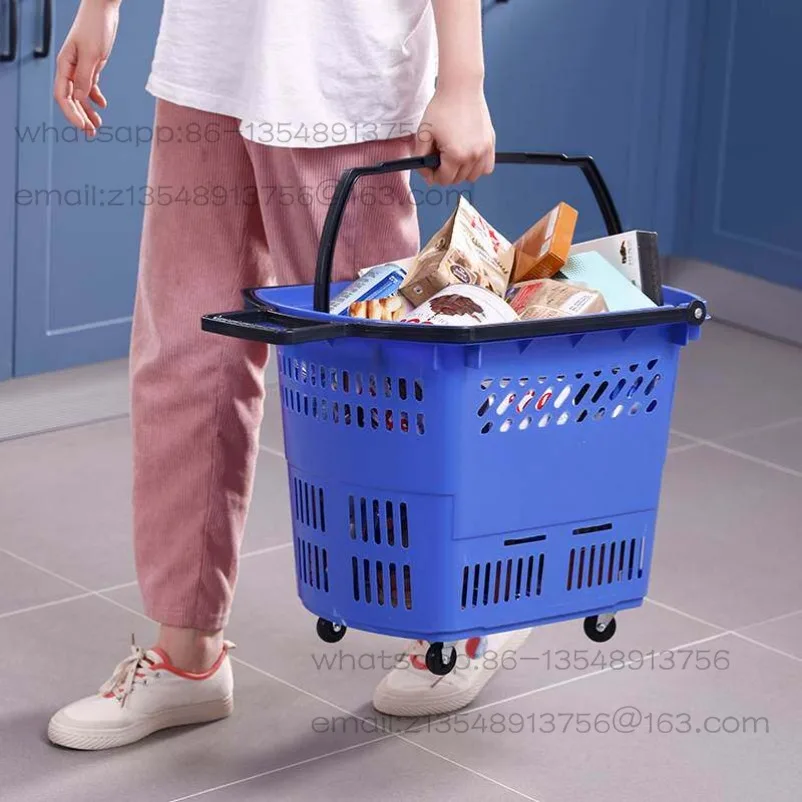 Thickened supermarket basket Shopping basket Portable tie rod pulley Plastic pulley Shopping basket mop blue
