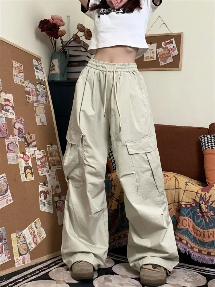 HOUZHOU Women Cargo Pants Vintage Y2k Oversized Trousers Baggy Korean Streetwear 90s Hippie Beige Pleated Joggers Hip Hop Style