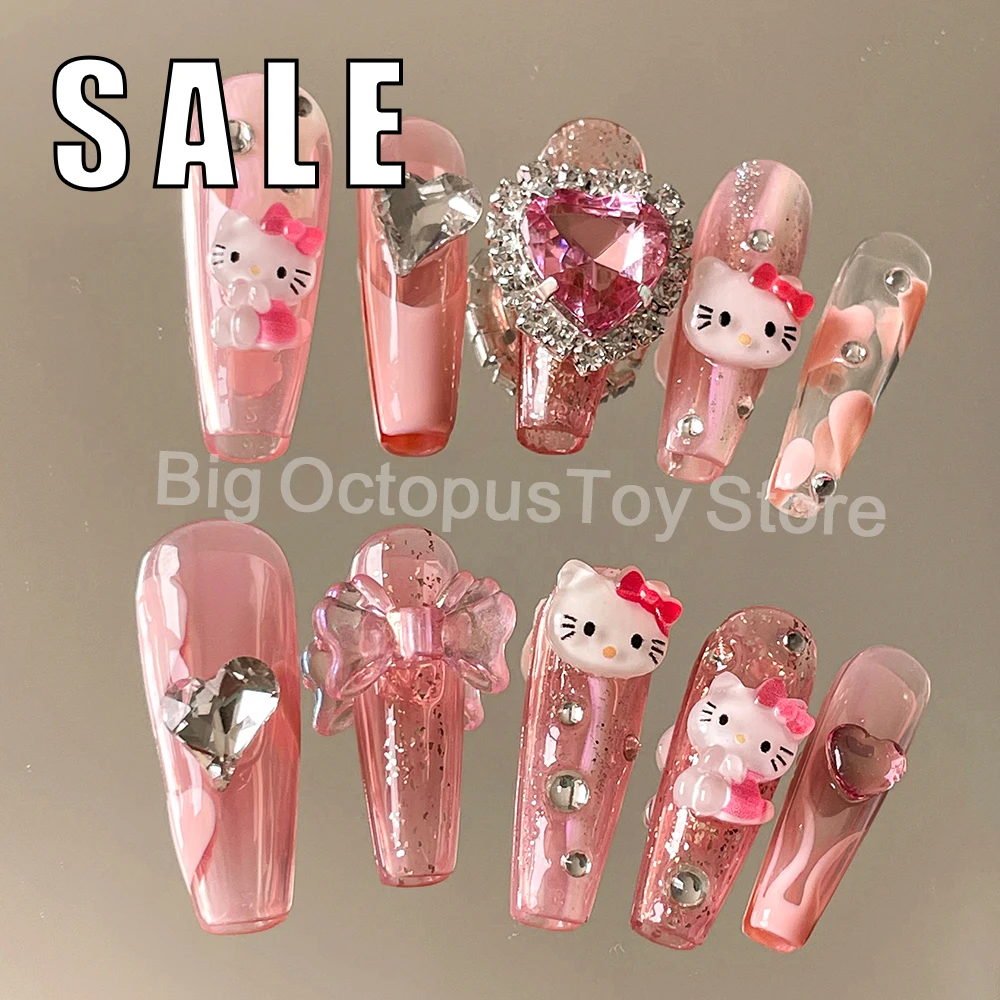 

10Pcs Long Coffin Sales Promotion Sanrio Hello Kitty False Nail Shiny Colorful Diamond Wearable Finished Manicure Fake Nail Tips