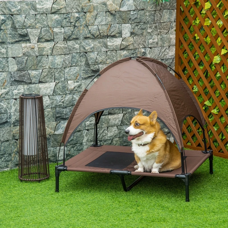 Erhöhtes Hundebett mit Überdachung, Outdoor-Haustierliege mit Dach – Atmungsaktives Taft-Gewebe für Camping, Kaffeebraun 92x76x90cm für Terrasse & Reisen