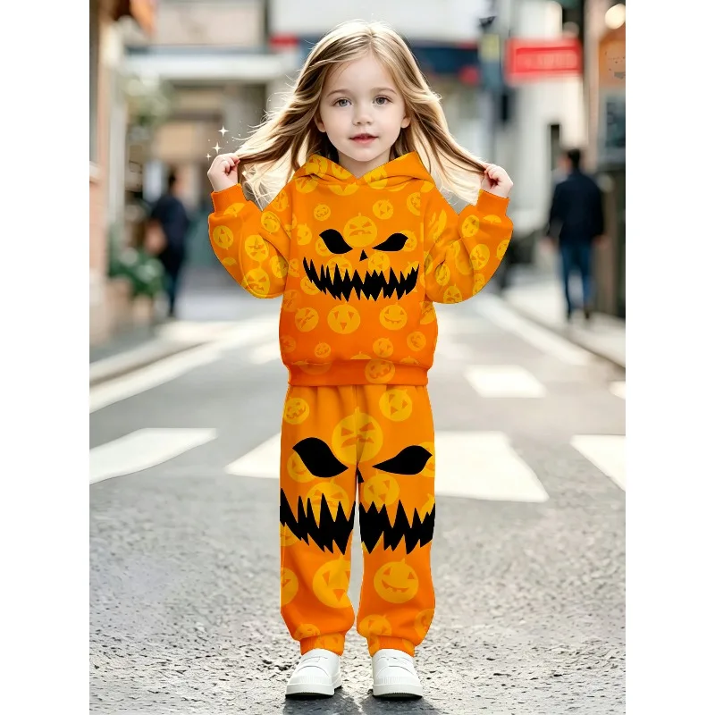 Unisex Toddler Hooded Jogger 2Pcs Tracksuit, Halloween Pumpkin, T-Rex Dinosaur, Spider Web Print Casual Play Outfit