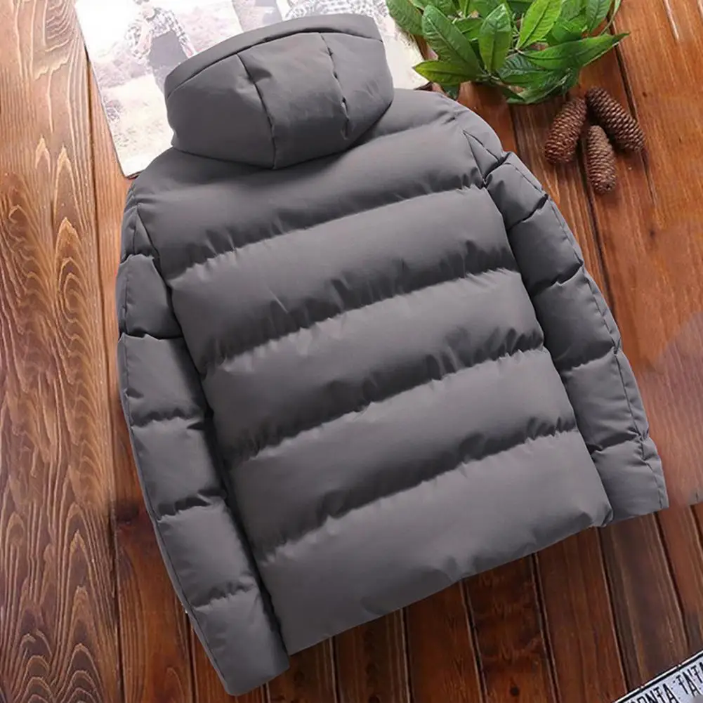 Soft Fabric Coat Men's Windproof Hooded Down Jacket with Zipper Closure Two Side Pockets Thickened Winter Coat for Men