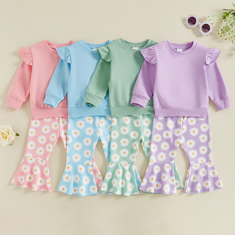 

Children Kids Girls Autumn Clothing for Baby Solid Fly Long Sleeve O-neck Pullover Sweatshirts Tops+Floral Flare Pants Outfits