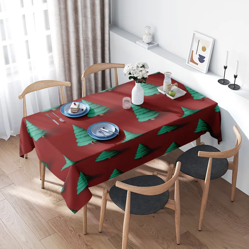 Wooden Dining Table Set with Red Christmas Tree Pattern Tablecloth: Festive Celebration and Warm Family Gathering Essentials Mod