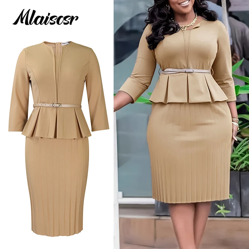 Mlaiscsr Casual Afrikaanse Office Mid Jurken Vrouwen O Hals Driekwart Mouw met Riem Mid Kalf Formeel Werk Afrika Avondjurk
