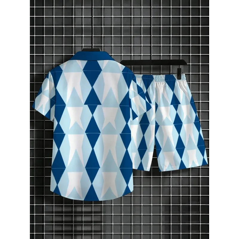 Men's Geometric Print Short Sleeve Shirt and Shorts Set，Lightweight polyester summer beachwear，Blue and white patterned casual w view 4