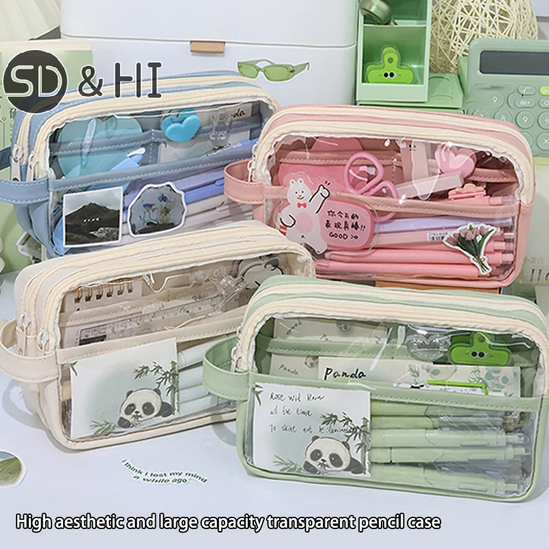 New Large Capacity Cartoon Transparent Pencil Case Minimalist Style Student Pencil Case Portable Multi-layer Stationery Bag