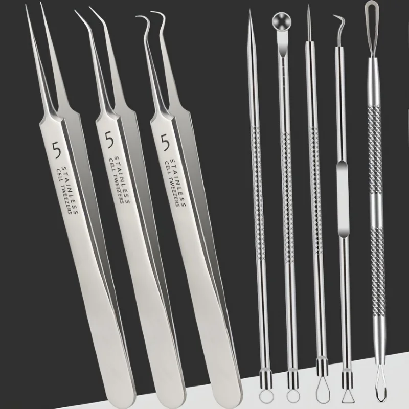 Conjunto profissional de remoção de cravo de aço inoxidável de 8 peças - adequado para todos os tipos de pele Ferramenta de extração - Cuidados faciais não perfumados