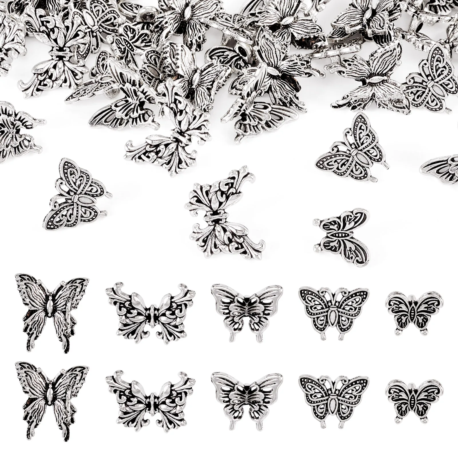 

50Pcs 5 Styles 1-Hole Tibetan Style Alloy Shank Buttons Butterfly Antique Silver for Making DIY Jewelry Bracelet Necklace Craft