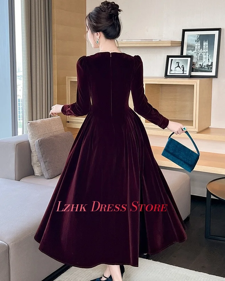 Robe de soirée trapèze en velours de tempérament personnalisé, en cristal, manches longues délicates, longueur thé, robes d'occasion sur mesure