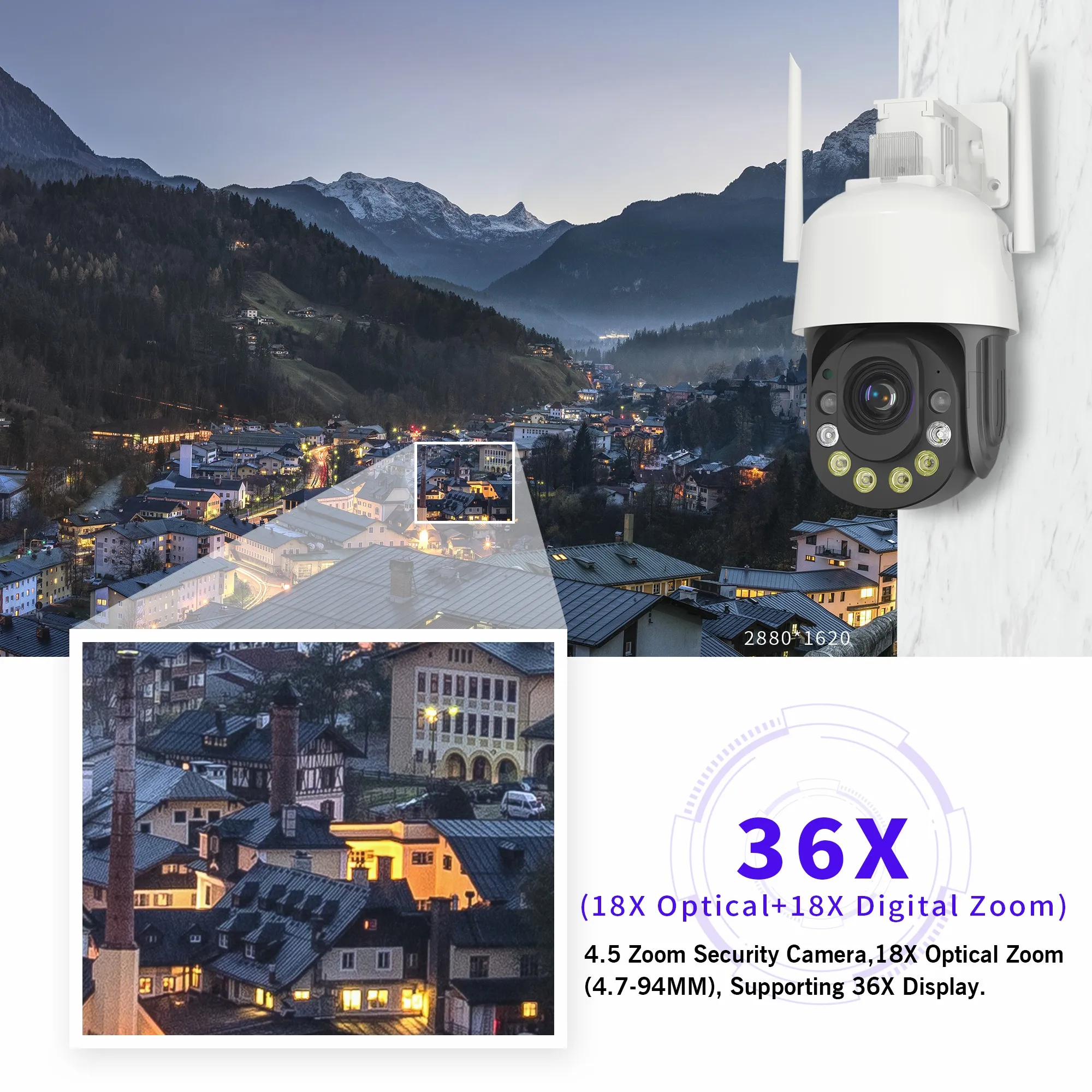 Gadinan HD Wireless PTZ IP Camera 36x Zoom Wifi Color Night Vision Monitor AI Human Detection ICSEE Two Way Audio SD Outdoor 5MP