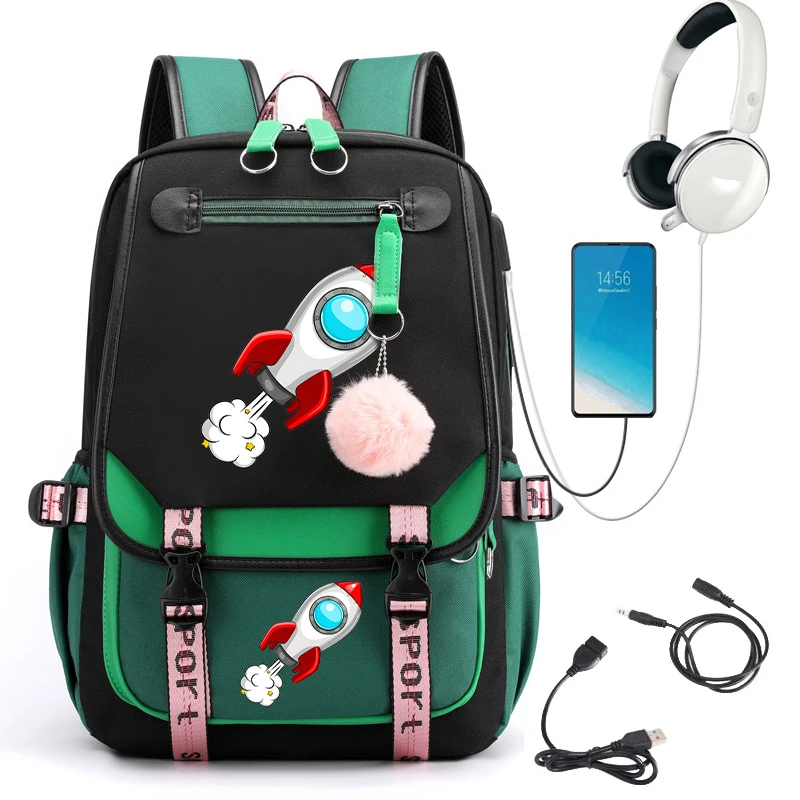 Weltraum rakete Cartoon Rucksack Taschen für Mädchen Sekundarschule Bagpack College-Student Teenager Bücher tasche USB-Lade rucksack