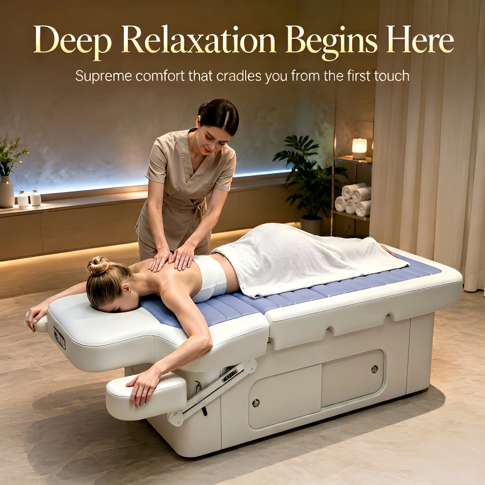 Coofull Electric SPA Bed with Water Bags for Facial and Massage Treatment Large Storage Cabinet Built-in Heating Pad & LED Lamp