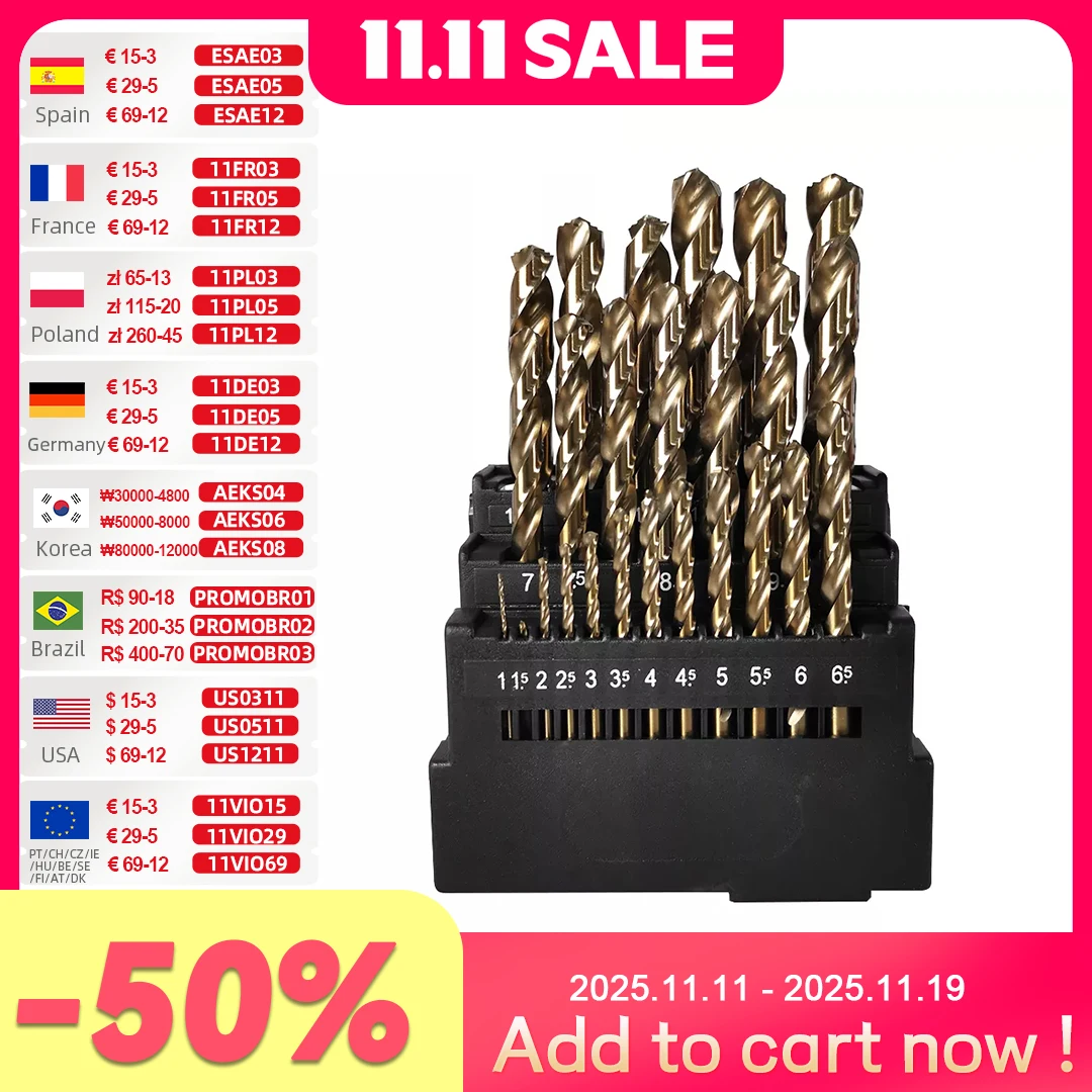 

ALLSOME 13/19/25 шт. 8% набор кобальтовых спиральных сверл High Cobal Hss M42 для сверления по дереву и металлу из нержавеющей стали, набор инструментов с 3 кромками