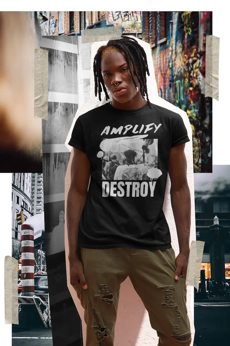 SHOUT Classic Fit AmplifyDestroy Print Tee Shirt black white classic urban street art protest march