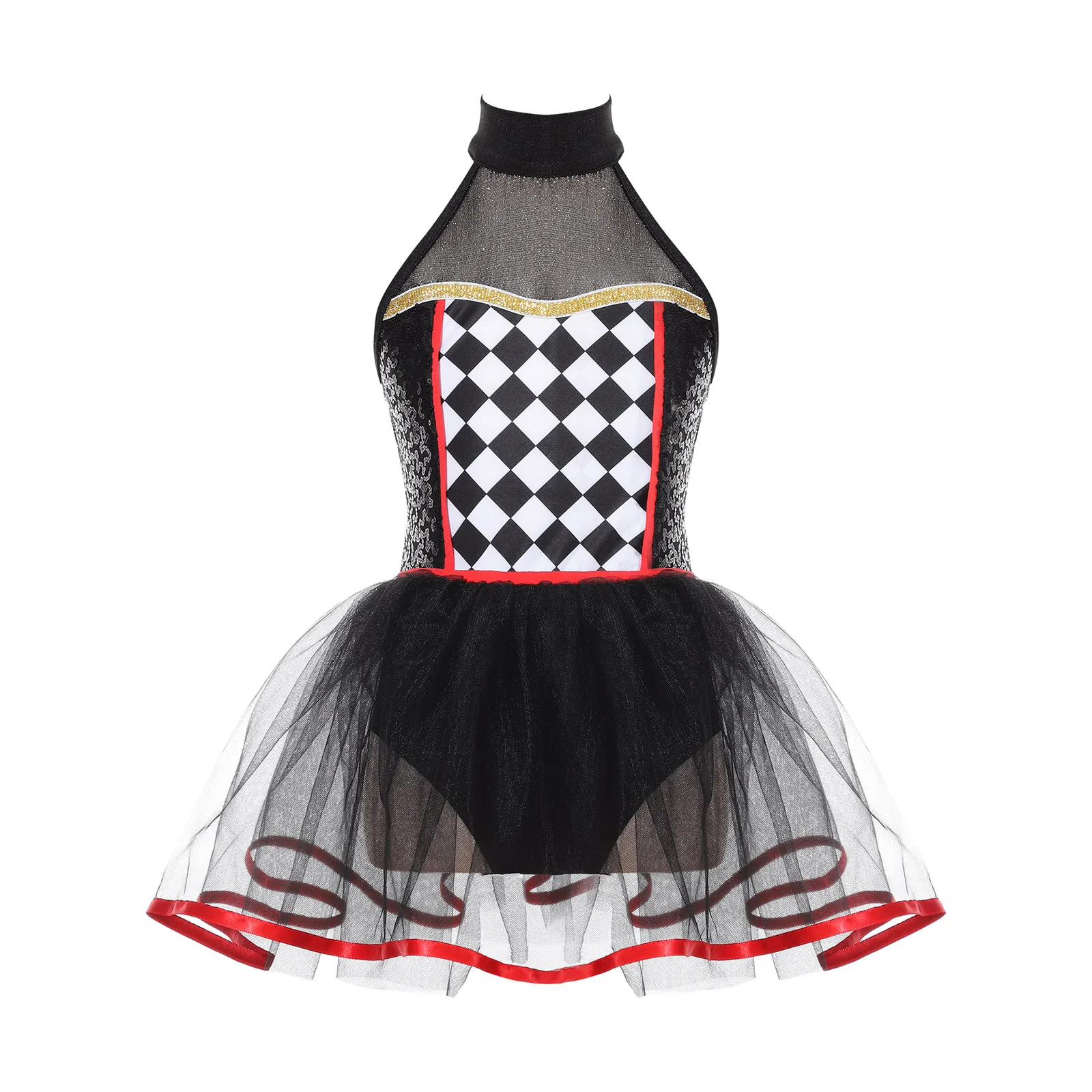 Halloween Doll Clown Costume Kids Girls Halter Neck Checkerboard paillettes Tutu Dress body One piece Dancewear Party Cospaly