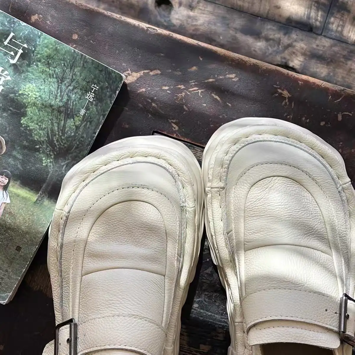Careaymade-Genuine Leather Thick Soled Ugly Cute Shoes,Artistic Small White Shoes,Muffins Bread Dad Shoes,Handmade Women's Shoes