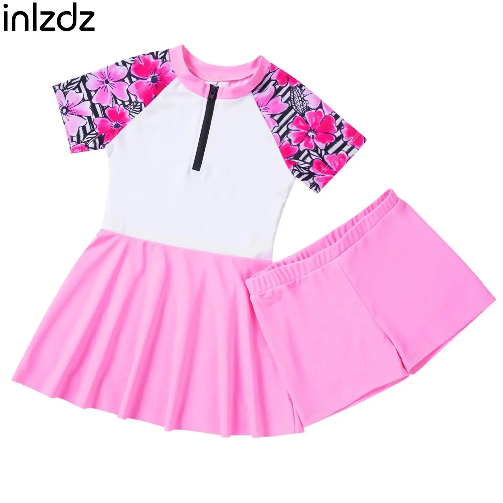 

2Pcs Kids Girls Swimming Suit Stand Collar Short Sleeves Front Zipper Knee Length Swimming Dress with Shorts Set Beach Swimwear