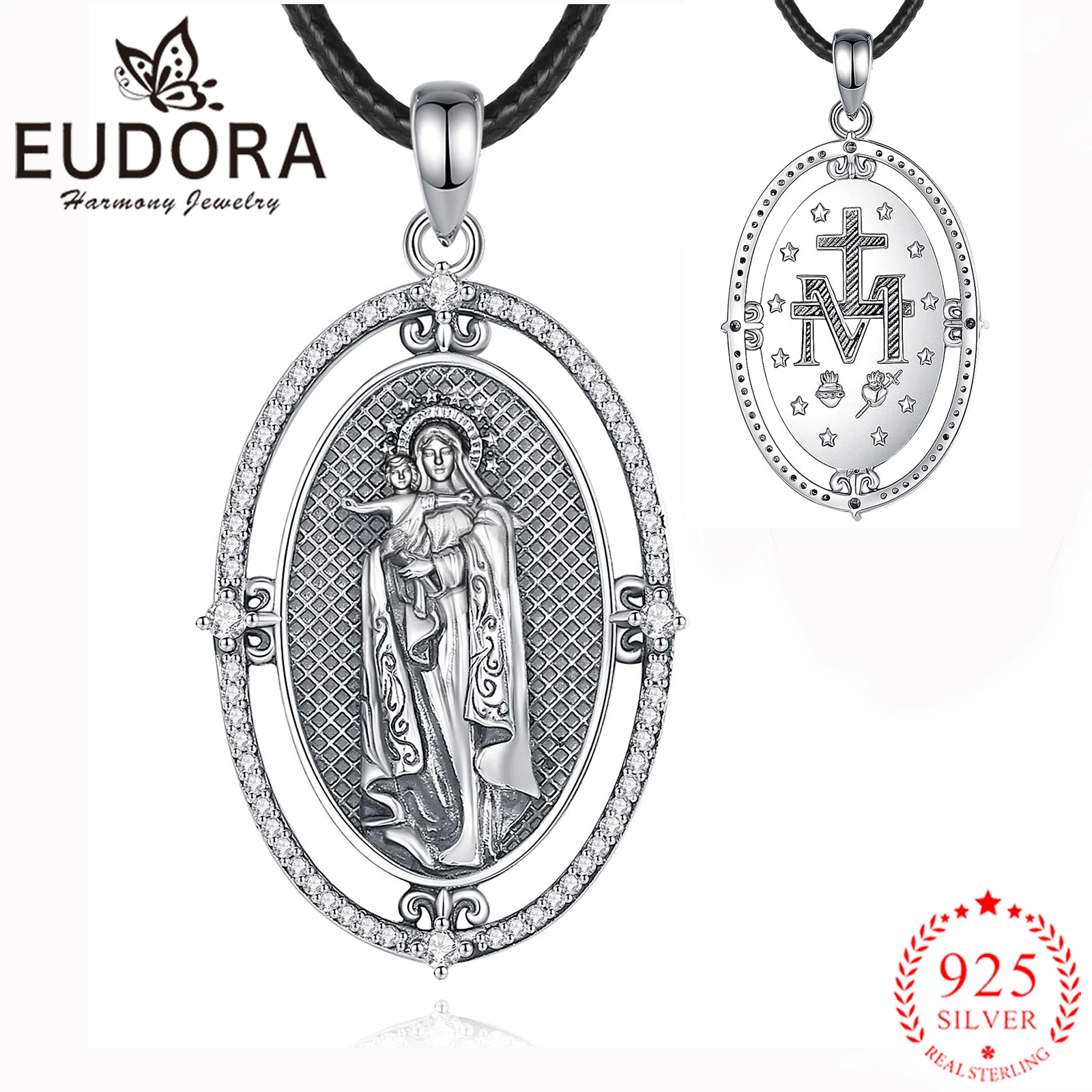 Eudora 925 Sterling Silver Virgin Mary Medal Necklace Christianity Amulet Rotating Pendant Religious Jewelry for Men Women Gift