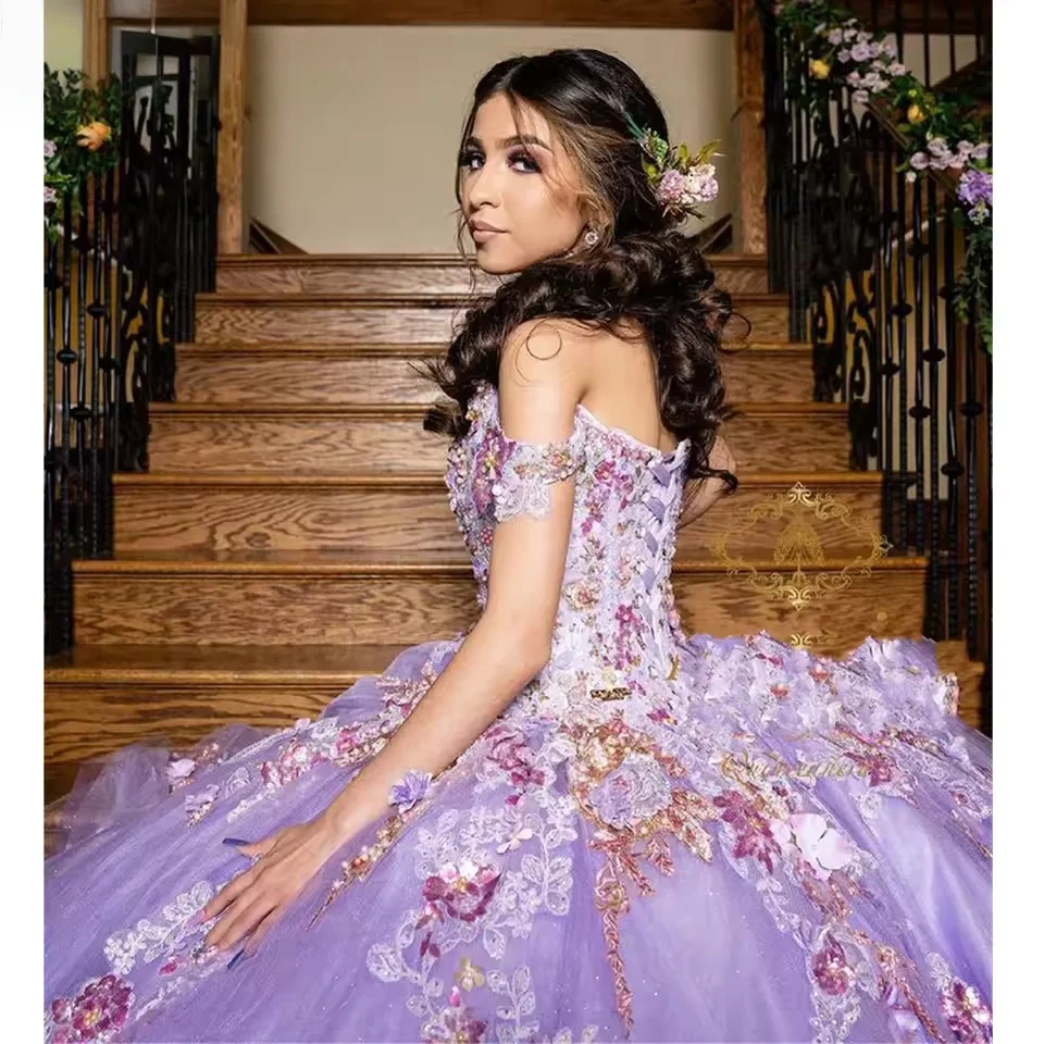 Lilac Charro Quinceanera Dresses Ball Gown Off The Shoulder Appliques Floral Pearls Mexican Sweet 16 Dresses 15 Anos Customized