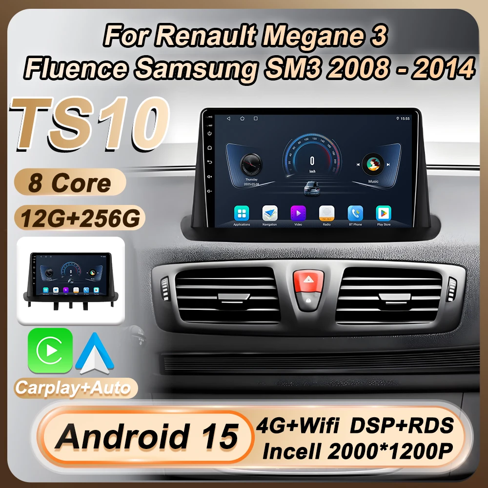 Carplay Auto Screen For Renault Megane 3 Fluence Samsung SM3 2008 - 2014 Android 15 Stereo Car Radio Touch Screen Bluetooth Wifi