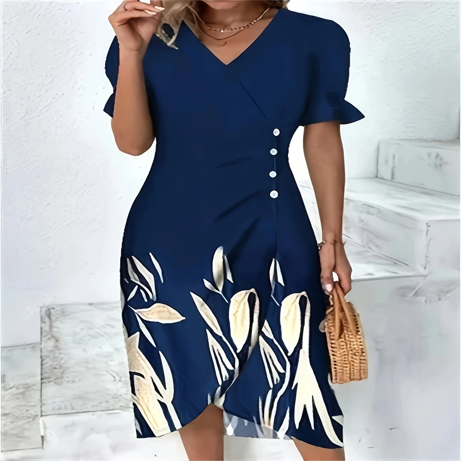 Floral Print Surplice Neck Dress, Elegant Short Sleeve Wrap Hem Dress For Spring & Summer, Women's Clothing