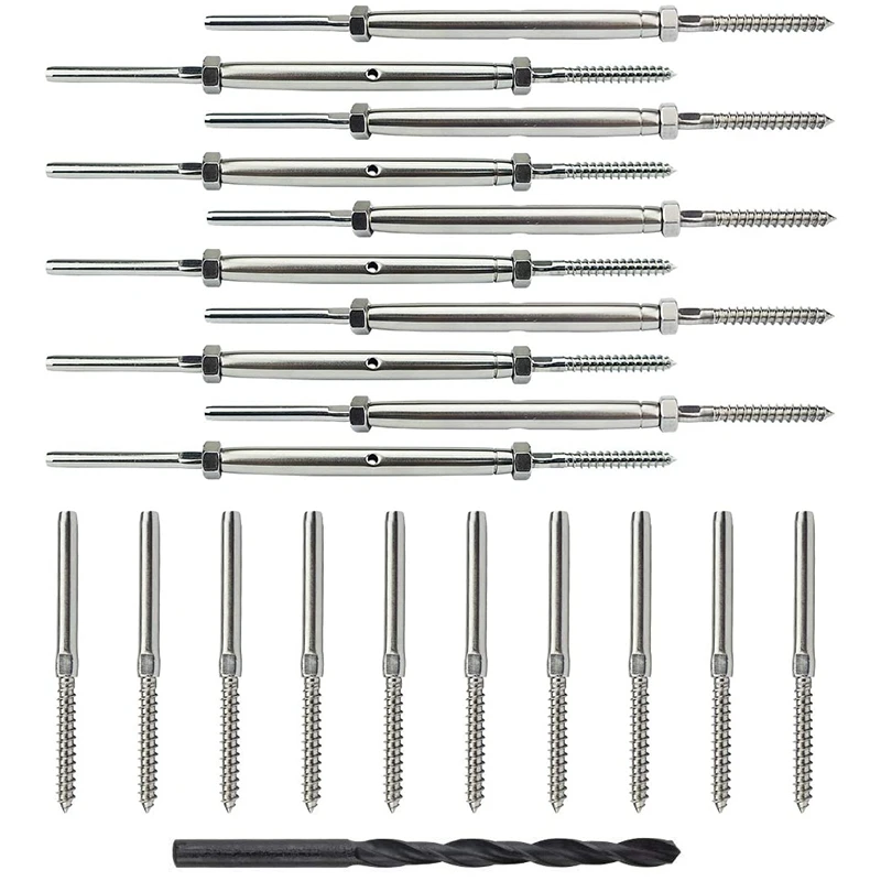 10 Pairs Lag Screw Swage Turnbuckle Tensioner And Lag Screw Stud Fitting For 1/8Inch Cable Deck Railing Kit-B61B