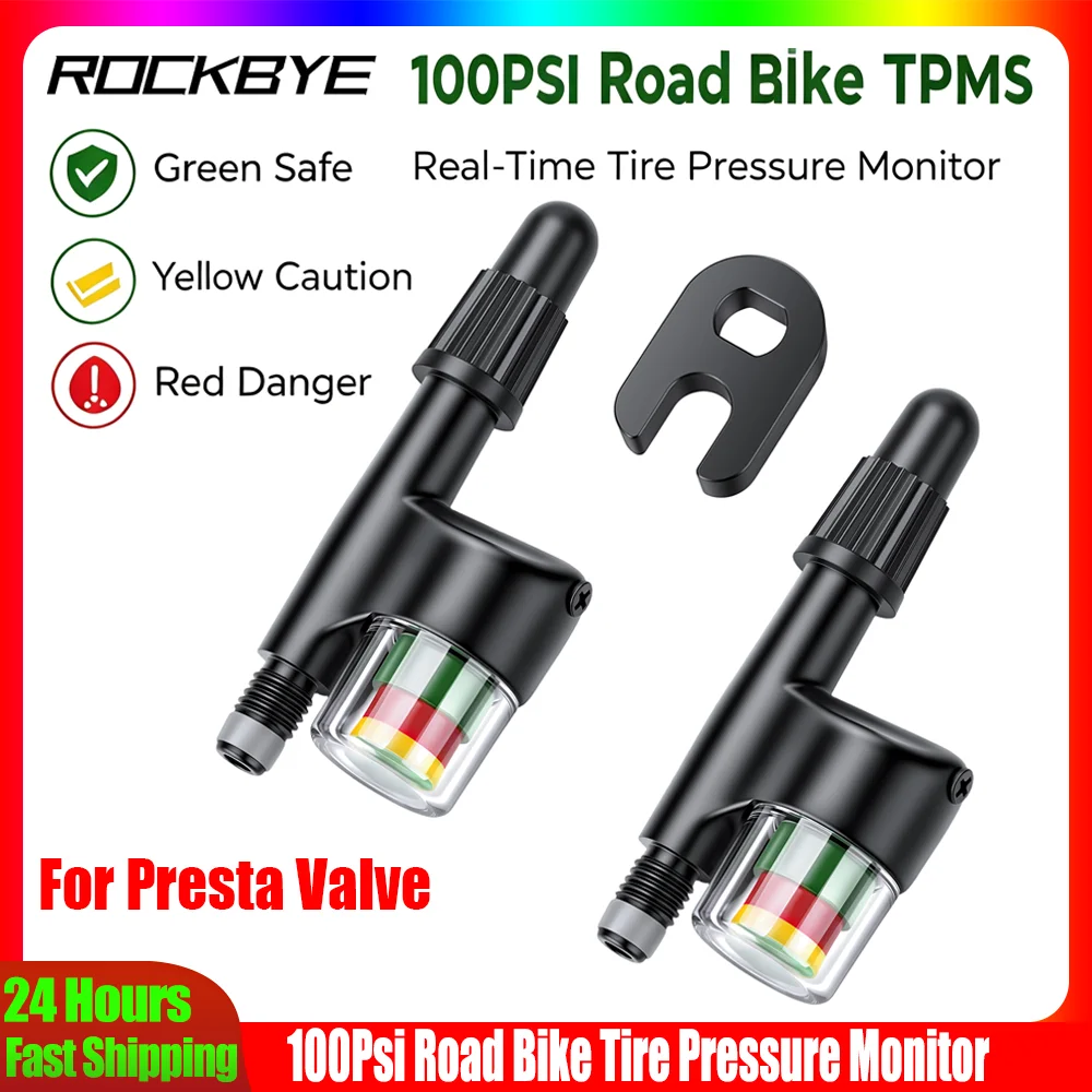 2Pcs Bicycle Tire Pressure Monitor Presta Valve Real‑Time 3‑Color Alert Sensor 100PSI Road Bike Tire Pressure Gauge Valve Core