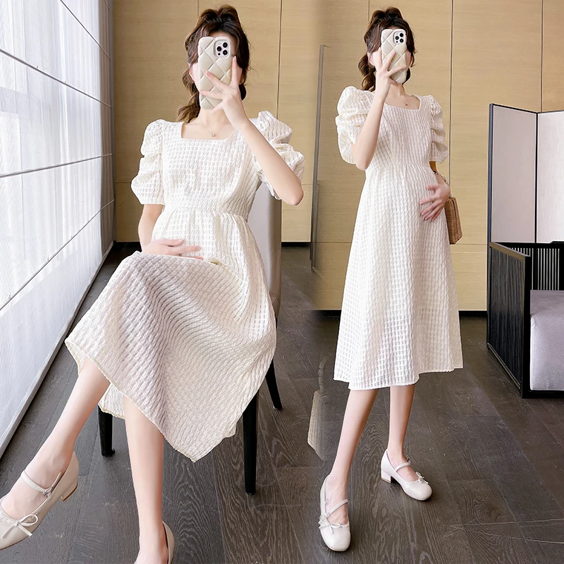 

2317# 2024 Summer New Korean Fashion Maternity Midi Dress Sweet Lovely A Line Slim Clothes For Pregnant Women Pregnancy Elegant