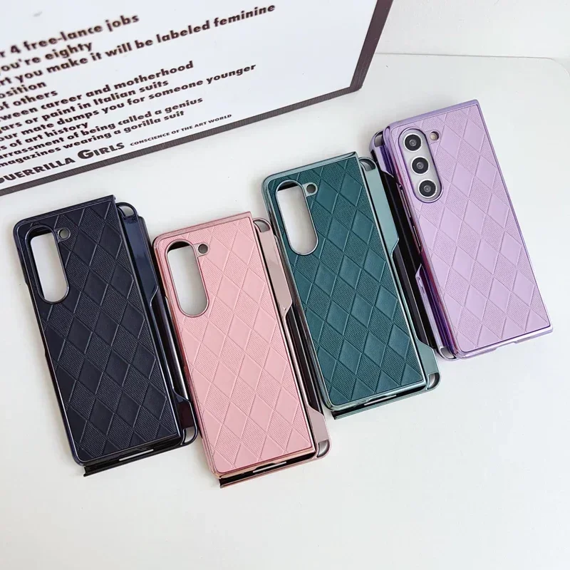 Rhombic Pattern Leather Case for Samsung Galaxy Z Fold 6 5 4 3 Electroplated Frame with Stylus Pen Folding Cover for ZFold6