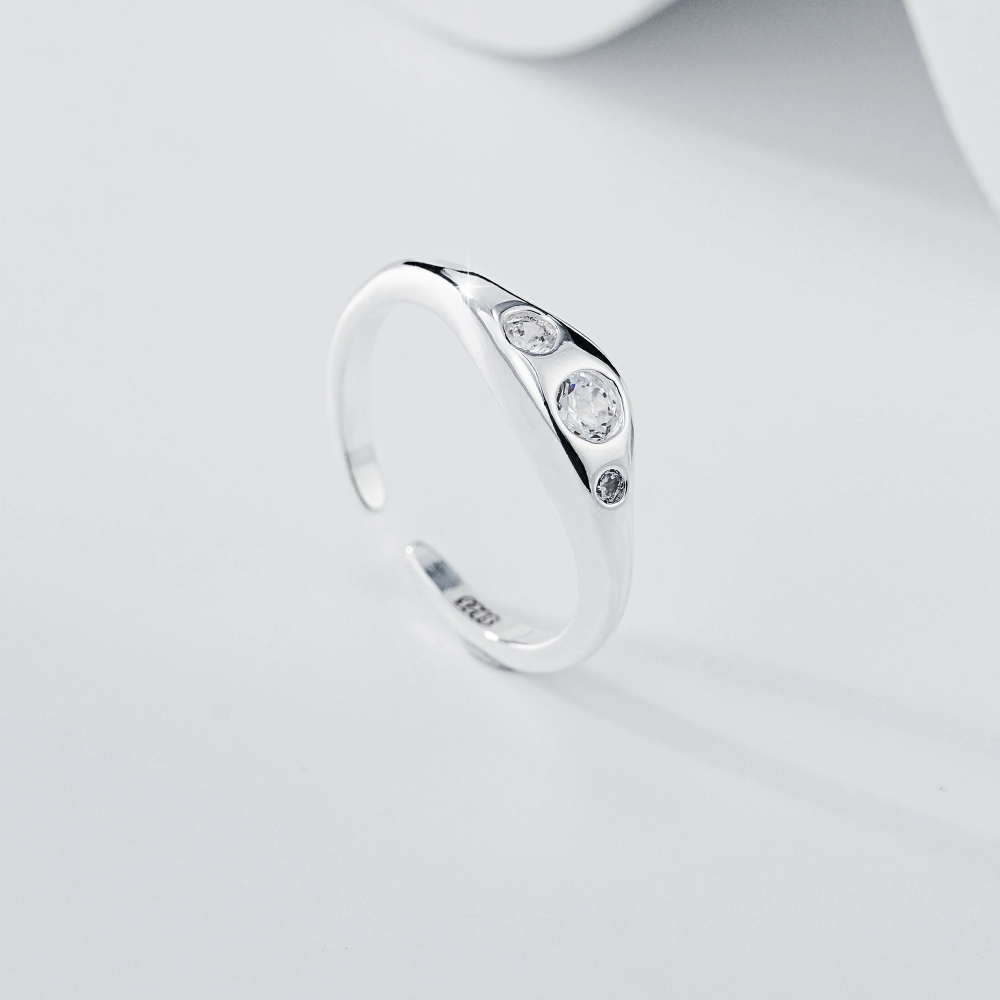 NobleMerge Moissanite Three Stone Graduated Bezel Set Round Open Ring 925 Silver White Gold Plated Polished Band Women Gift