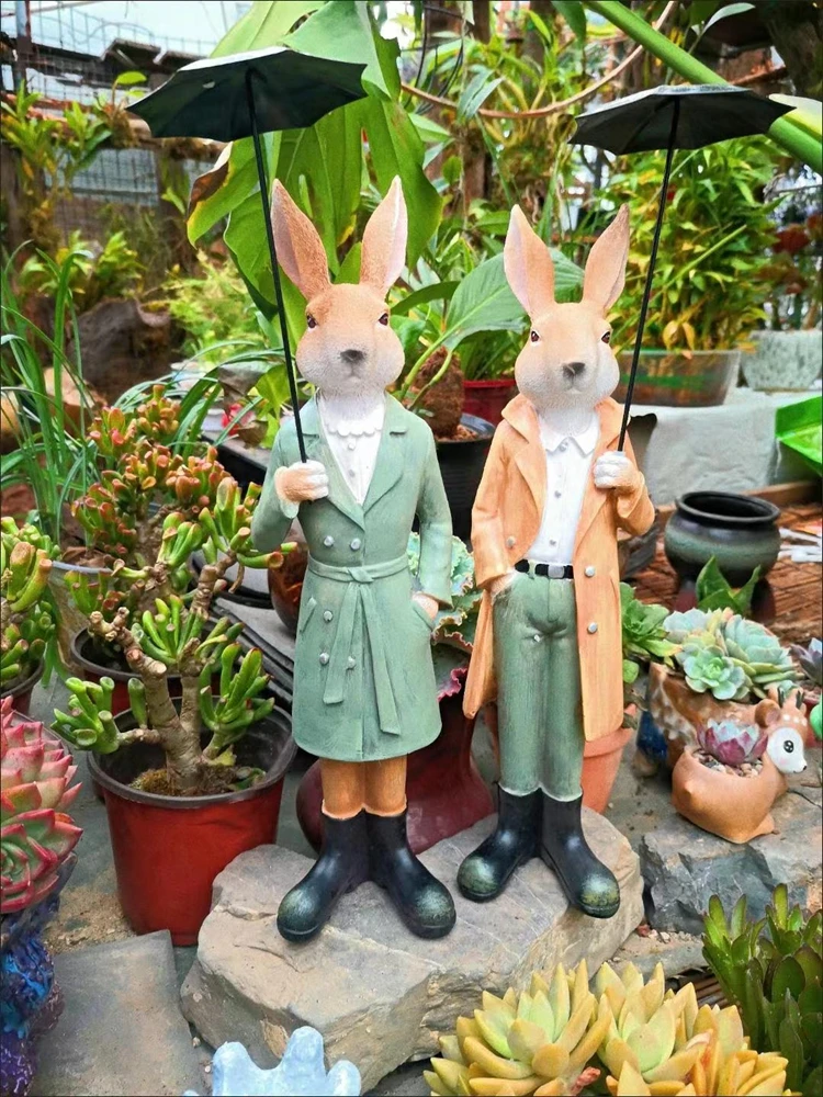 2Pcs Cartoon Umbrella Couple Rabbits Home Decor Garden Balcony Courtyard Landscape Bunny Ornaments