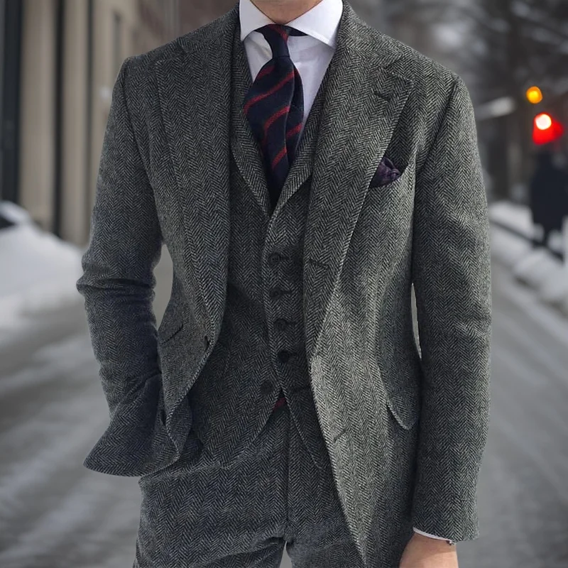 Gray Wool Tweed Suits for Men Winter Wedding Formal Groom Tuxedo 3 Pcs Herringbone Male Fashion Set (Jacket + Vest + Pants)