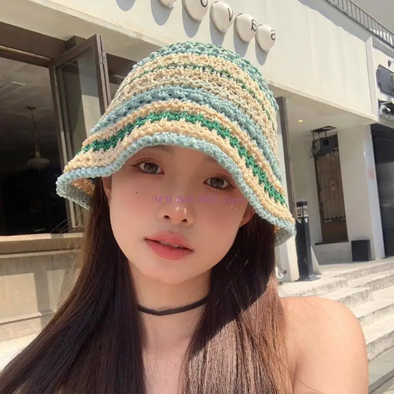 49ME السيدات الكروشيه اللون مطابقة قبعة الصياد واسعة حافة قبعة دلو قبعة Sunproof #3