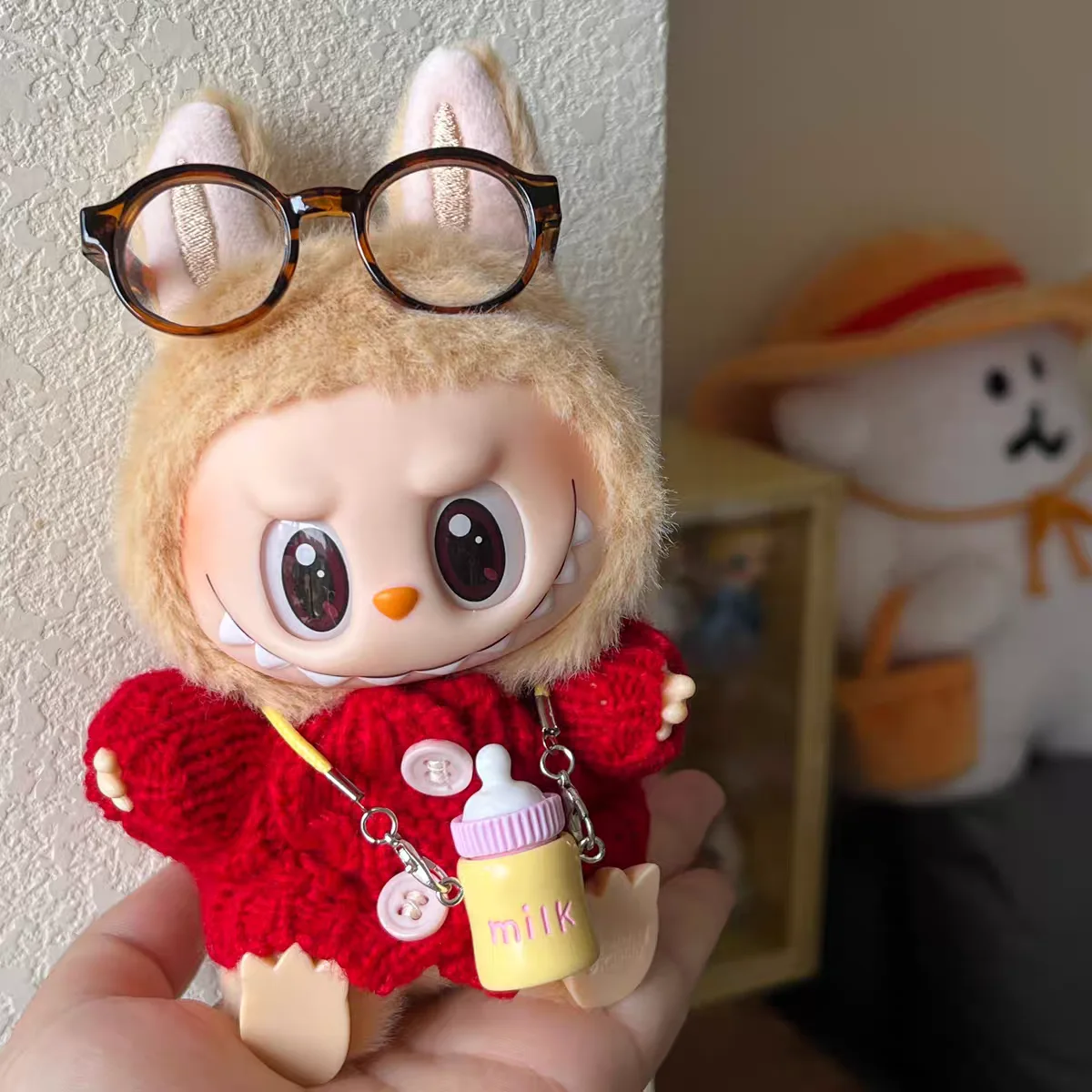 For 15cm Labubu Doll Clothes  Red Sweater Leopard Print Glasses Bottle Pendant Matching Labubu Outfit OOTD Ropa Labubu