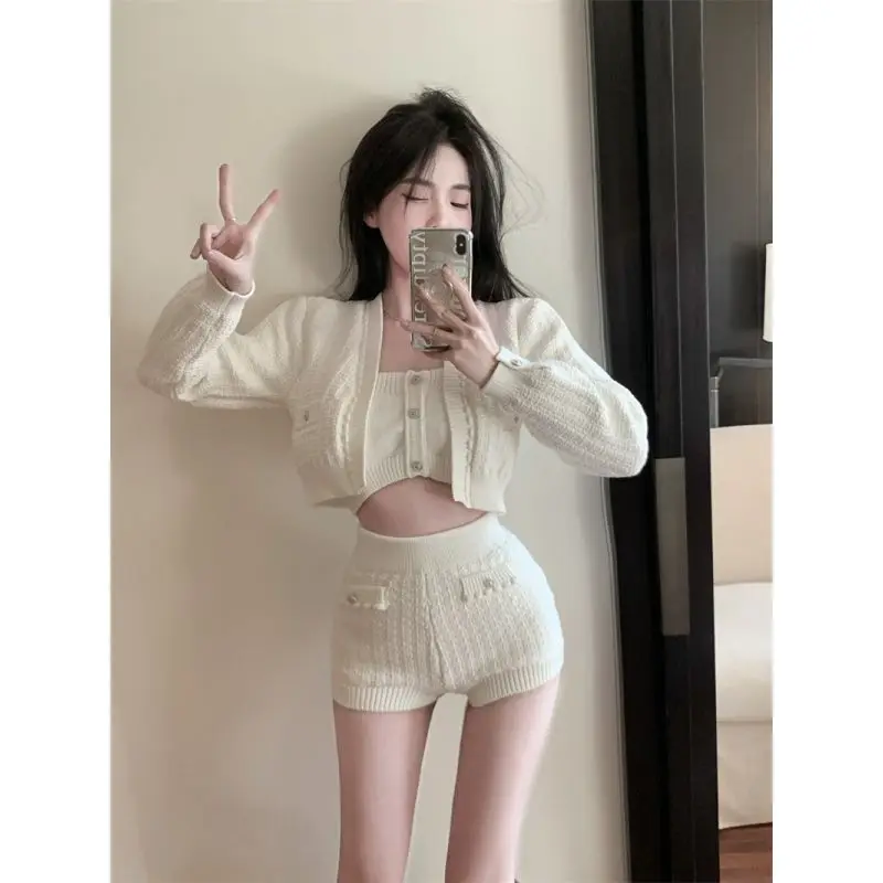 Gagaok Three Piece Set Temperament Long Sleeved Knitted Cardigan Sweater Jacket Autumn Spicy Girl Slim Short Top Shorts Women