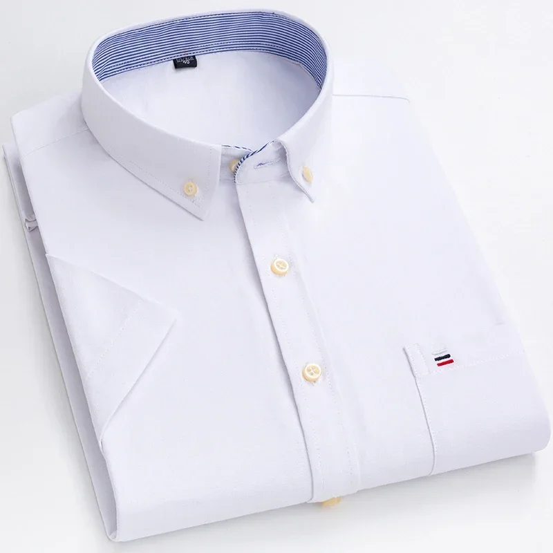 

Men's Oxford Pure Cotton Shirt Luxury Fashion Short Sleeve Solid Button Pink Purple White Soft Professional Office Large Size7XL