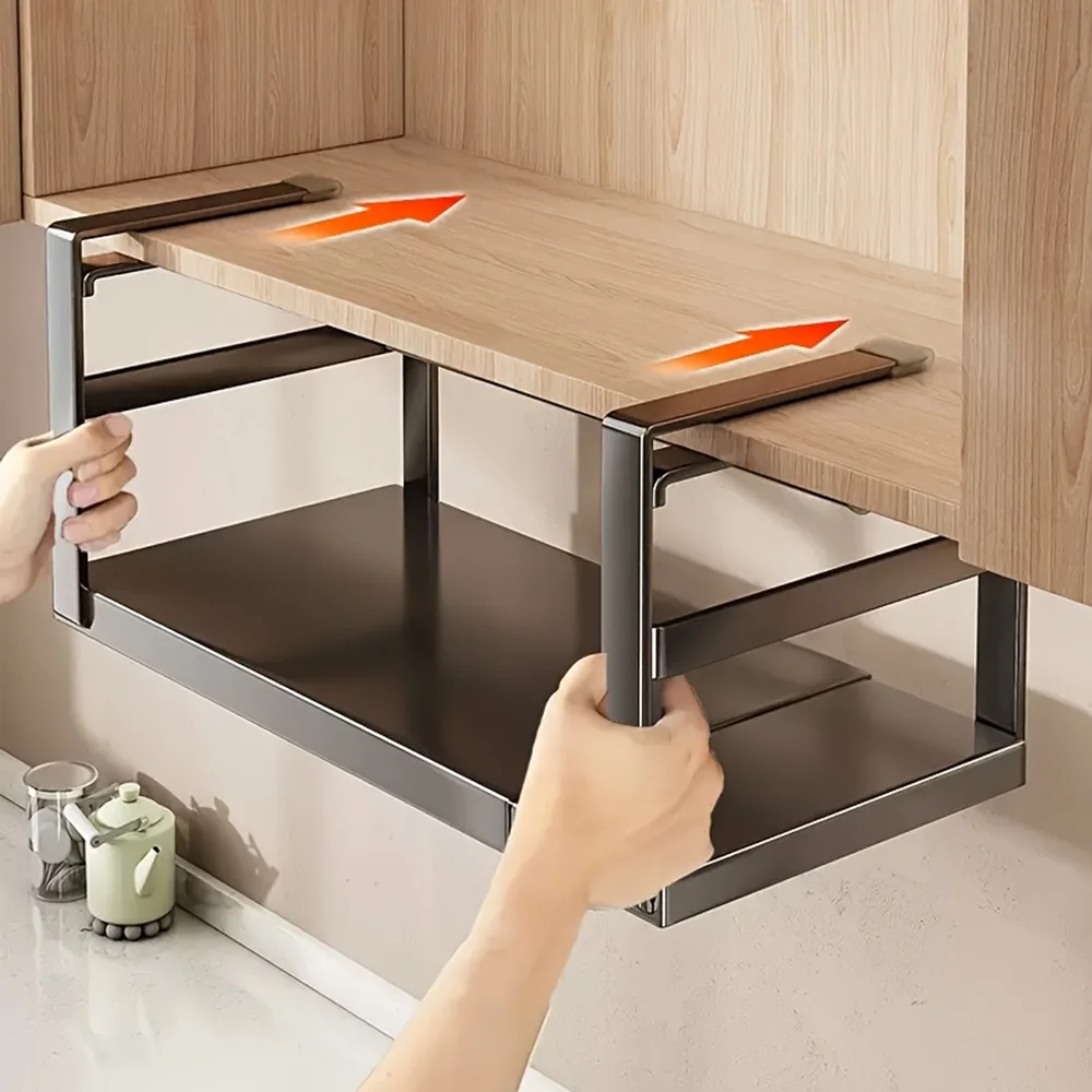 Organizzatore da riporre sotto i ripiani, regolabile, di colore nero, con dimensioni da 27 a 45 cm, dotato di un sistema telescopico espandibile, ideale per la cucina, la dispensa, per riporre piatti