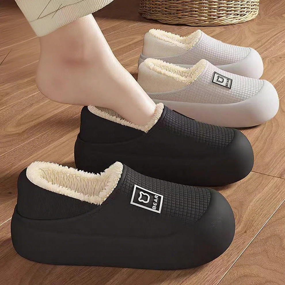 

Men Winter Slippers Women Warm Shoes EVA Waterproof Couples Indoor Non-Slip Soft Furry Slides Home Thick Sole Fluffy Flats
