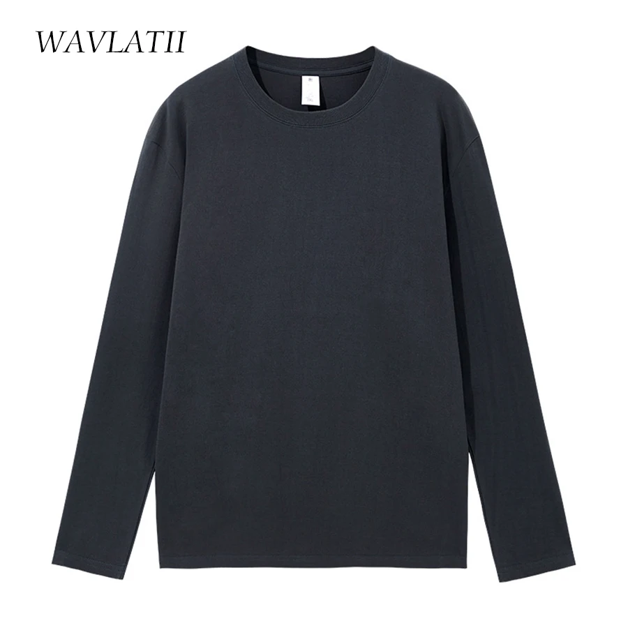 WAVLATII magliette a maniche lunghe in cotone da donna magliette Basic Casual blu chiaro da donna Lady Black Spring Autumn top WLT2301