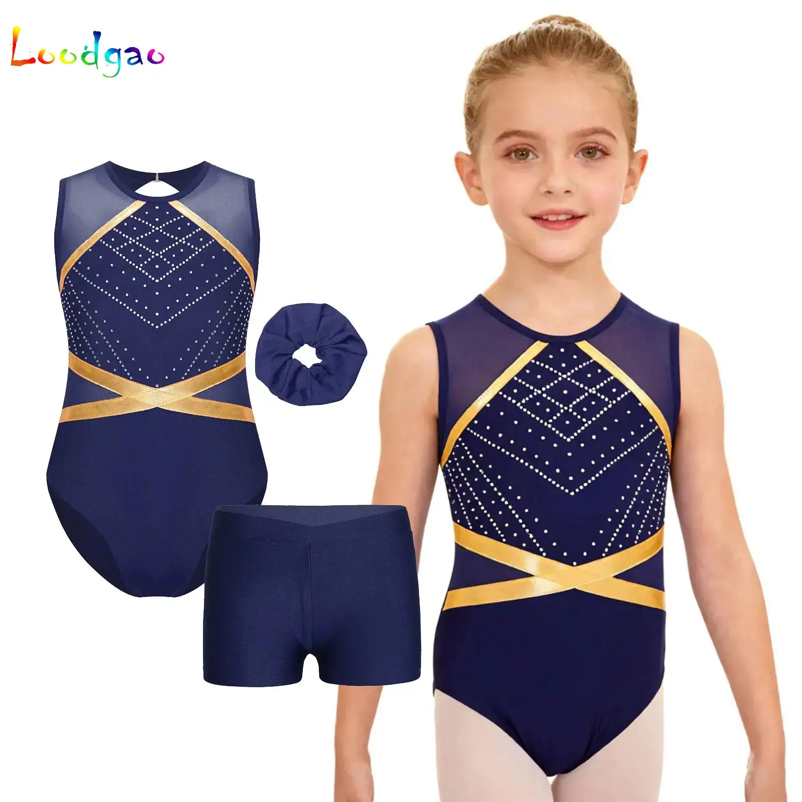 Kids Girls Ballet Jersey Dance Leotard Set Rhythmic Gymnastics Artistic Skating Performance Dancewear Bodysuit+Shorts+Headwear