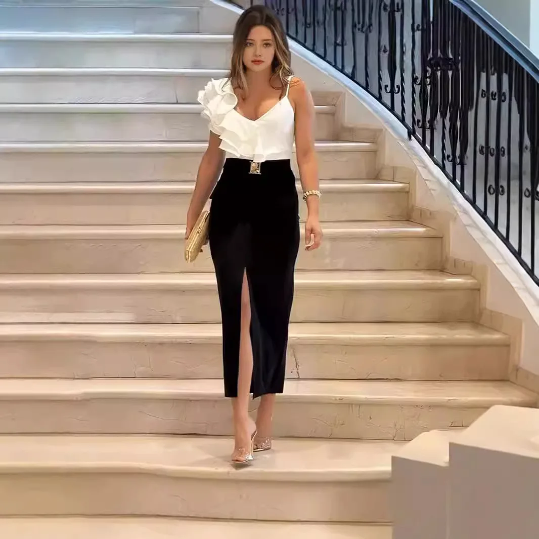 

Длинная юбка, комплект из двух предметов, женский топ на бретельках, v-образный вырез, без рукавов, с открытой спиной, пояс, разделенная юбка, ансамбль 2025, офисные женские наряды