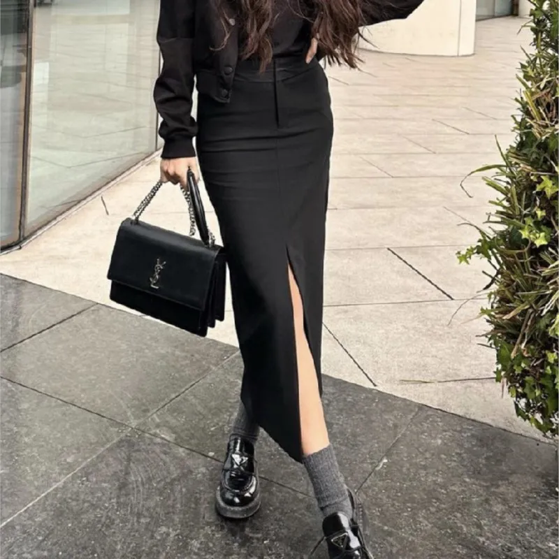 2023 Sexy Black Front Slit Midi Pencil Skirt Women Spliced High Waist Package Hips Skirts