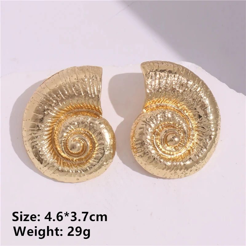 HUANQI Gold Color Big Sea Snail Earrings for Women Girls Earstuds Vintage Fashion Heavy Alloy Party Exaggerated Jewelry Gifts