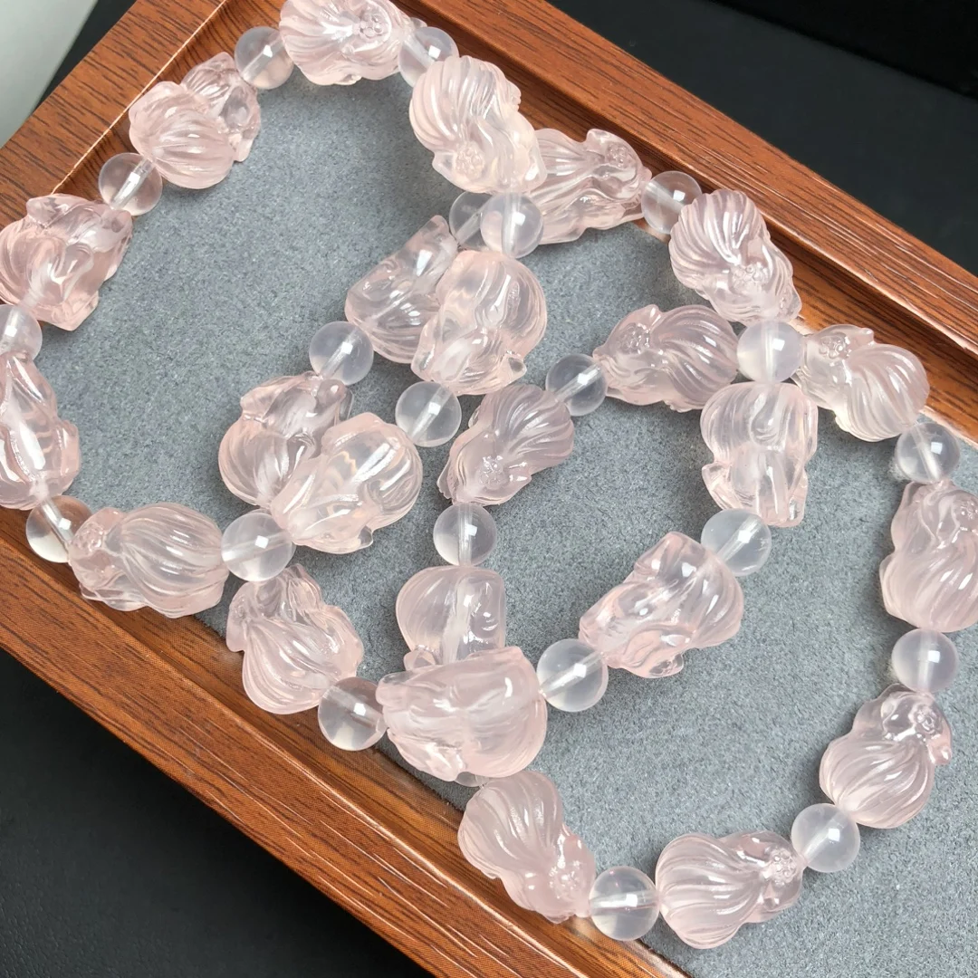 1 Pc Fengbaowu Natural Rose Quartz Fox Bracelet Crystal Reiki Healing Stone Fashion Jewelry Gift For Women