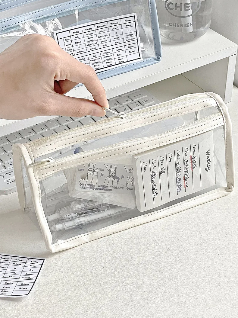 مقلمة بولي كلوريد الفينيل شفافة مقاومة للماء سعة كبيرة بطبقة مزدوجة حقيبة القلم Ins نمط حقيبة مستحضرات تجميل حقيبة التخزين القرطاسية المدرسية #4